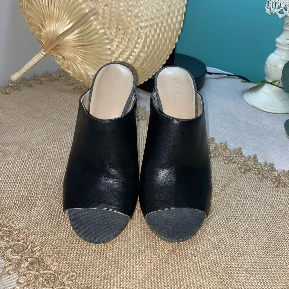H by Halston Black Open-Toe Mule Heels with Striped Wood Block Heel